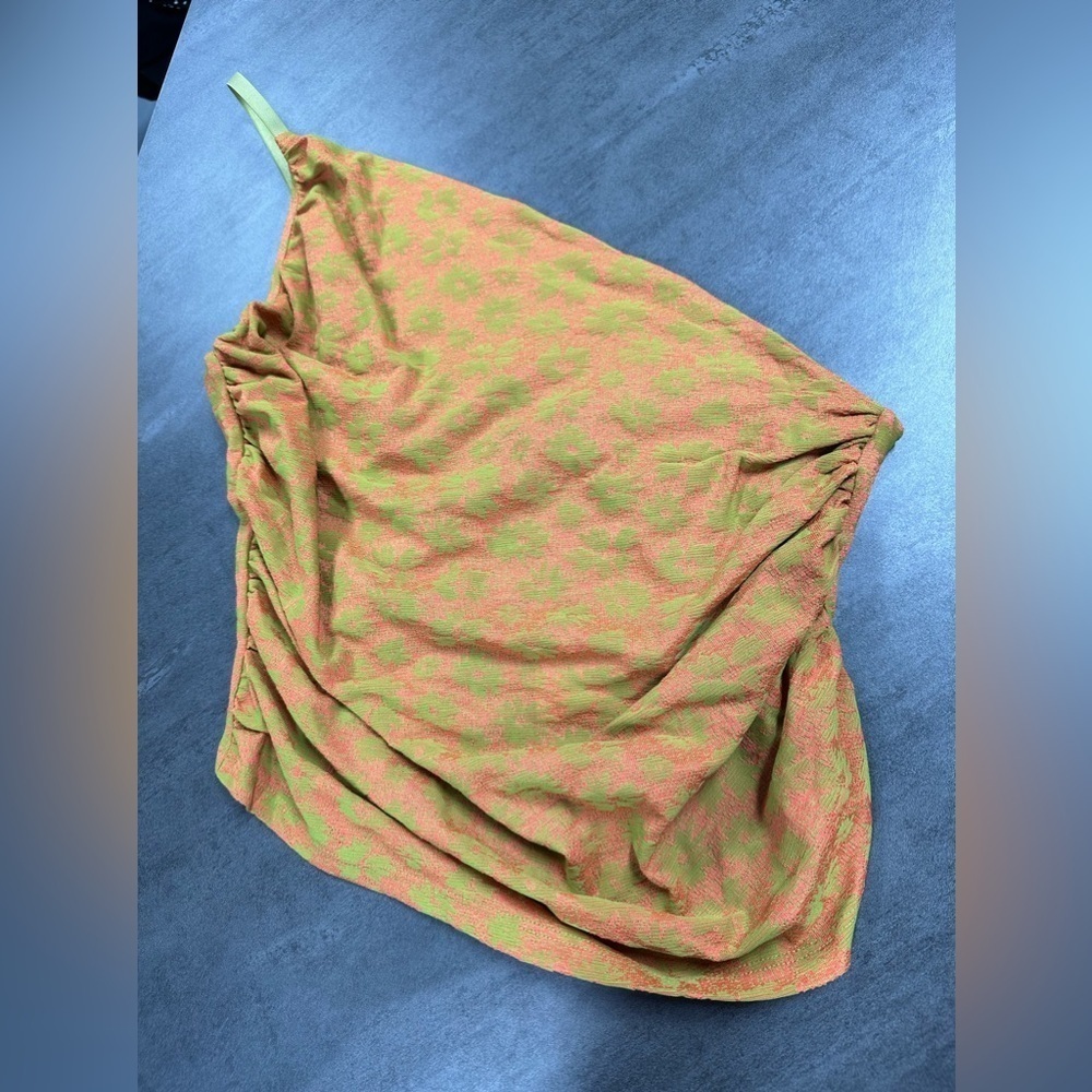 ZARA Bright Lime Green and Orange Floral One Shoulder Adjustable Strap Ruch Top - Picture 2 of 4